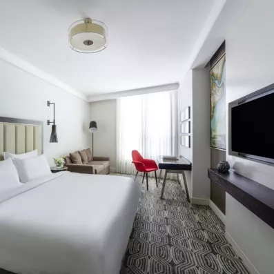chambre avec un grand lit double et un coin salon avec des canapés et une télévision