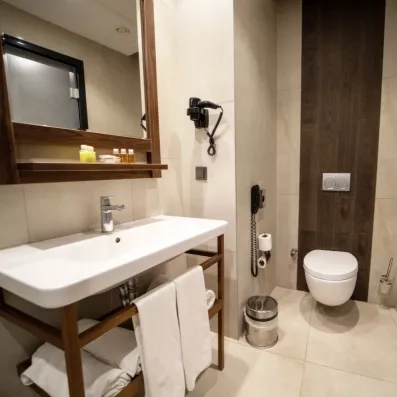 La salle de bain moderne propose un meuble vasque en bois minimaliste et des toilettes.