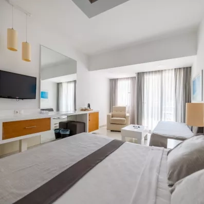 chambre avec un lit double et un espace salon