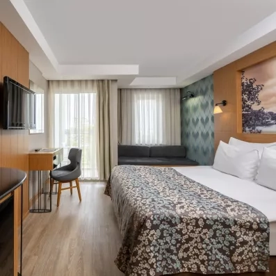 chambre avec un grand lit double et une télévision et un bureau