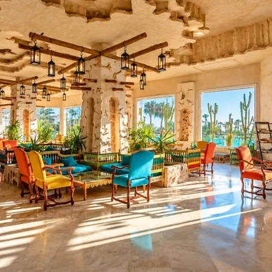 Salon de réception ensoleillé avec fauteuils colorés à hôtel Welcome Meridiana Djerba