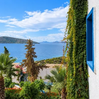 Une vue plongeante depuis un balcon fleuri offrant un panorama sur la mer et les collines.