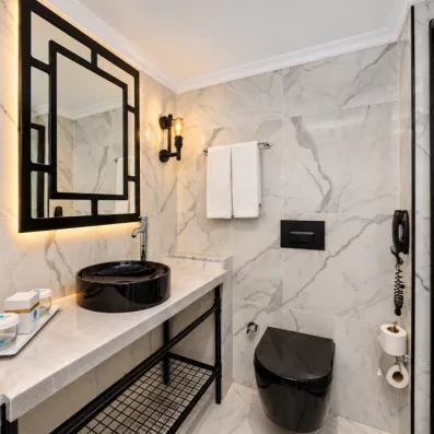 salle de bain noir et blanc avec toilette et miroir